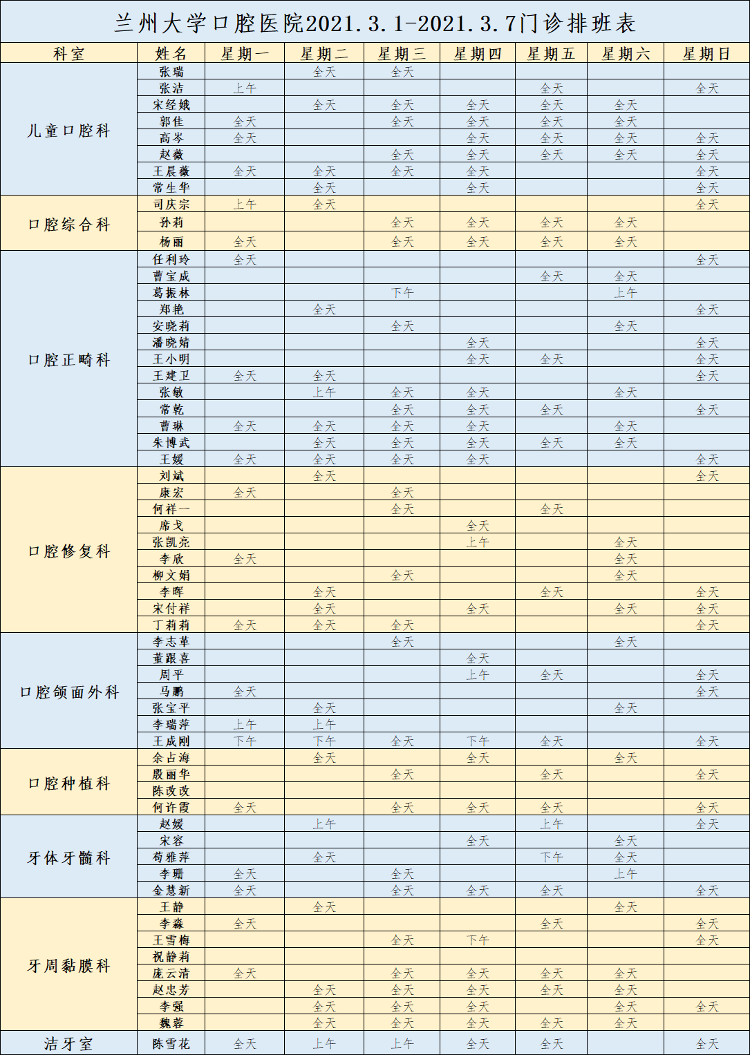 兰州大学口腔医院门诊排班表(2021.3.1——2021.3.7)